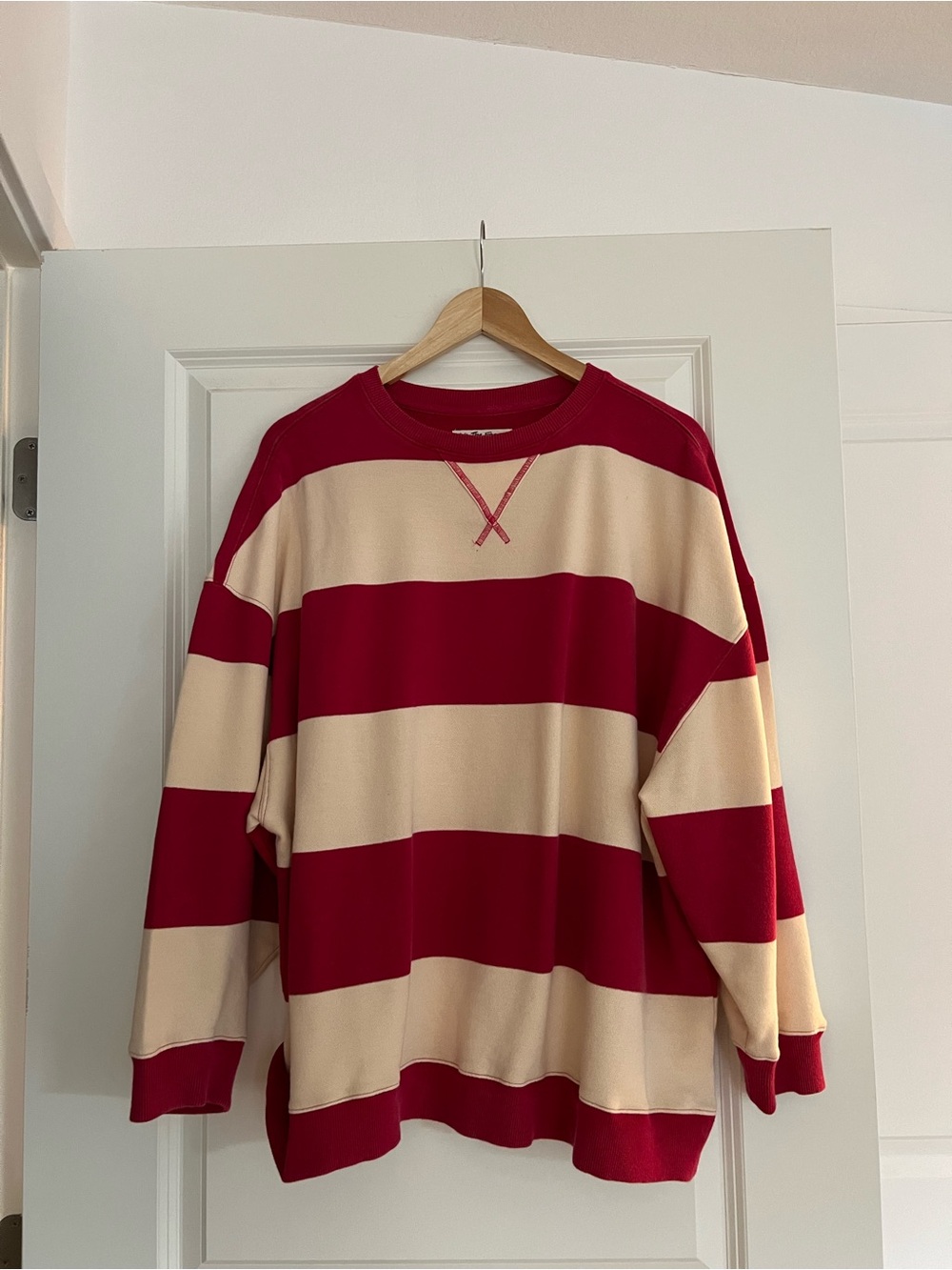 Free People We The Free Red Cream Striped Oversized Slouchy Sweatshirt - Size S